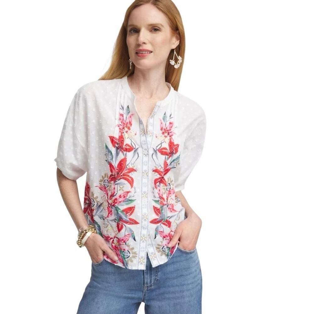 NWT Chicos Women’s Floral Dolman Sleeve Cotton Shirt Size 3.5 (XL)